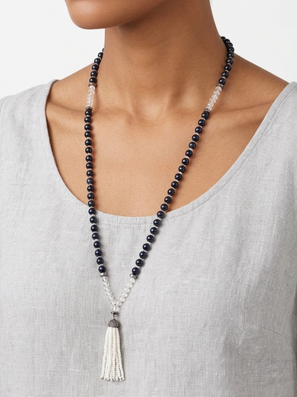 Beaded Tassel Necklace - Black and White